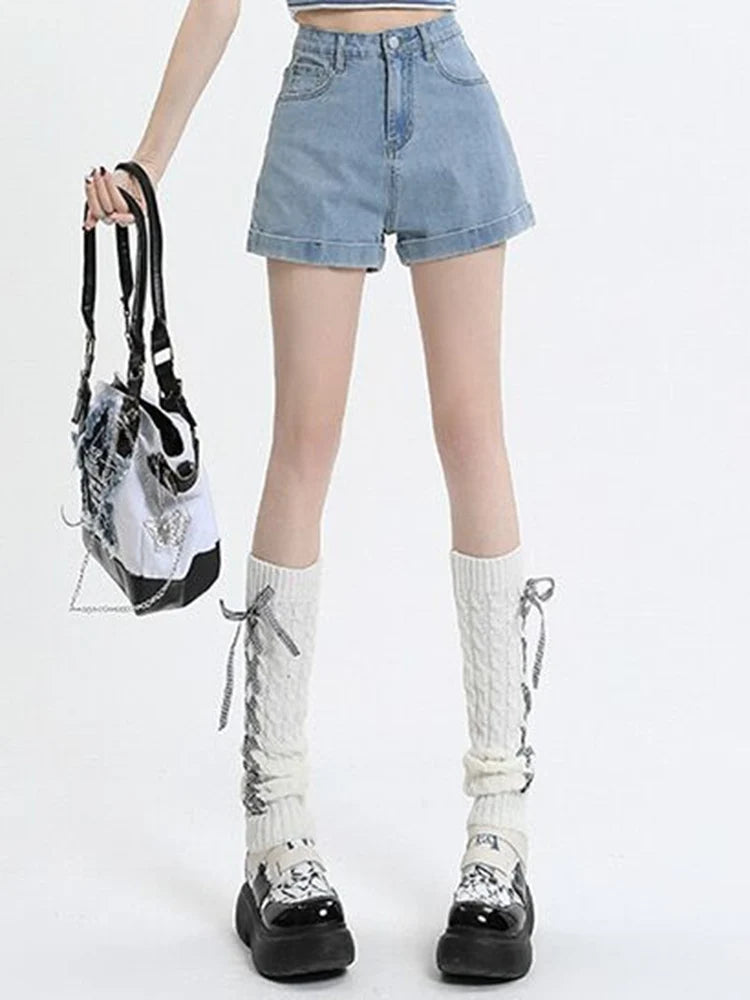 Rolled Edge Denim Shorts Blue Black Gray A-Line Short Jeans