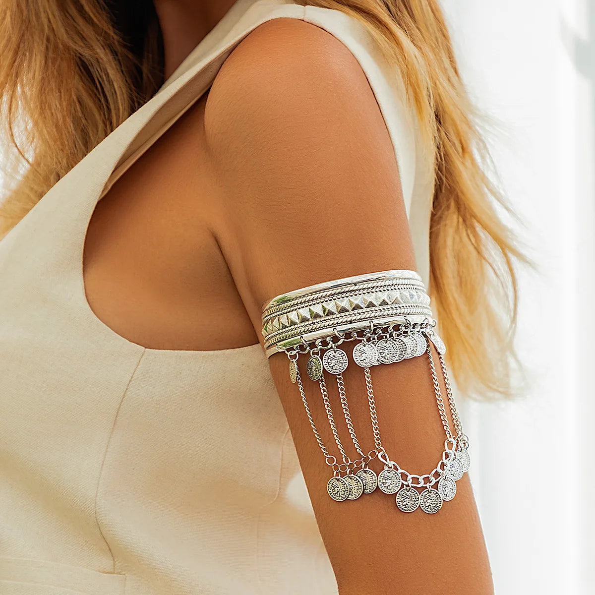 Golden Metal Coin Leaf Arm Cuff