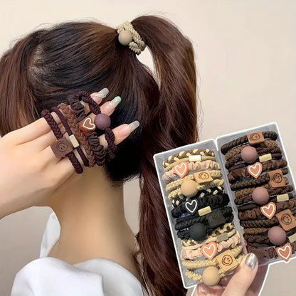 Boho Chic Women's Hair Ties Set - Cute Heart Charm & Bead Elastic Headbands for All Hair Types