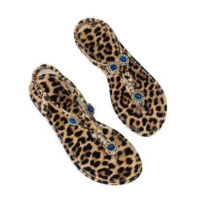 Bohemian Beaded Roman Style Sandals, Large Sizes, Flat Leopard Print Bottoms