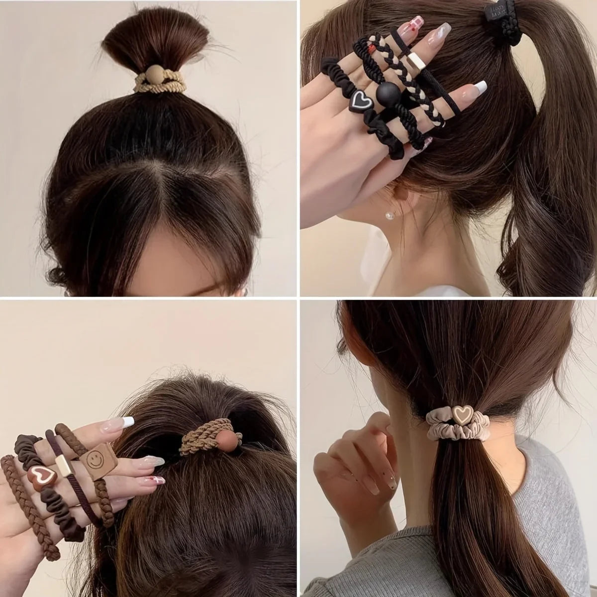 Boho Chic Women's Hair Ties Set - Cute Heart Charm & Bead Elastic Headbands for All Hair Types