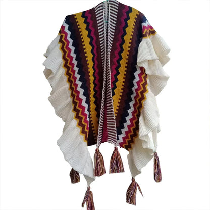 Vintage Bohemian Chic Capes Boho Ruffles Knitted Ethnic Design with Tassels