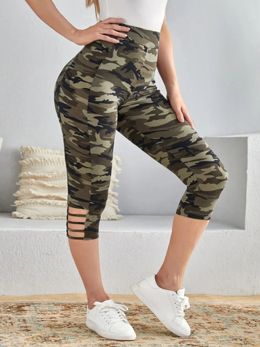 Plus Size to 4XL Women's Camo Capri Leggings with Side Stripe Cutouts High Elasticity Knit