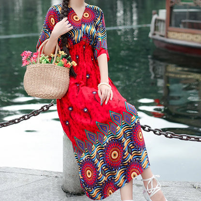Bohemian Dress, Striped Colorful Flower Print, V-Neck, Elastic Waist, Large Swing Skirt, Batwing Sleeves
