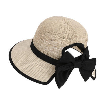 Bow-tied Straw Sun Hat with Ponytail Hole  in 3 Colors
