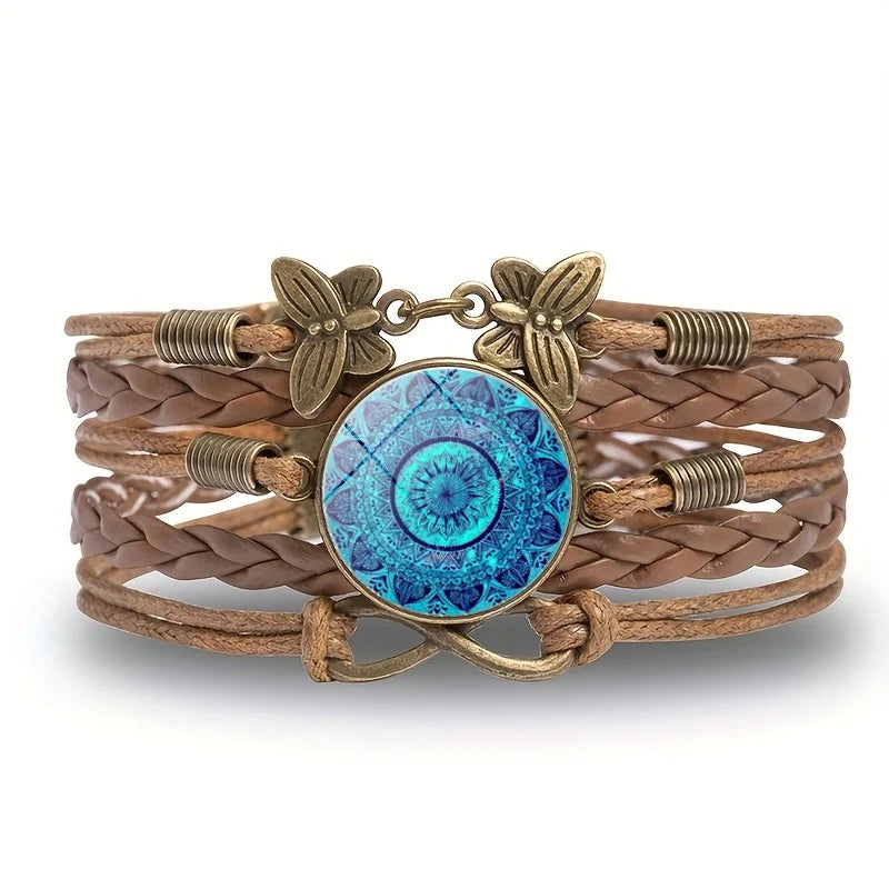 Vintage Mandala Flower Glass Dome Wrap Bracelet Multilayer Woven Leather Bracelets