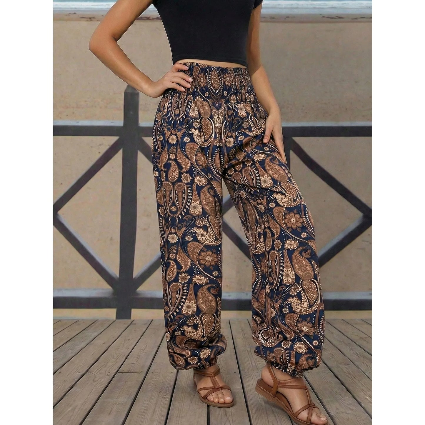 Boho Paisley Print High Waisted Harem Pants, Loose, Casual,  Elastic Cuff, Comfortable and Stylish