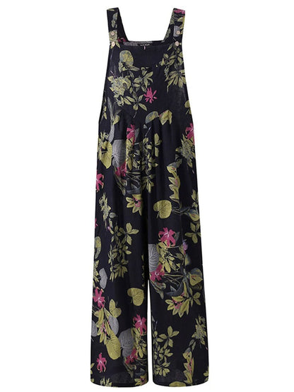 Floral Print, Square Neck, Sleeveless, Casual Overalls with Pockets