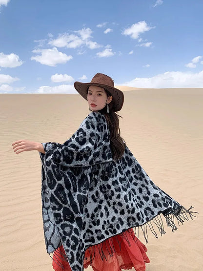 Vintage Boho Leopard Print Soft Over-the-Head Cloaks With Tassels