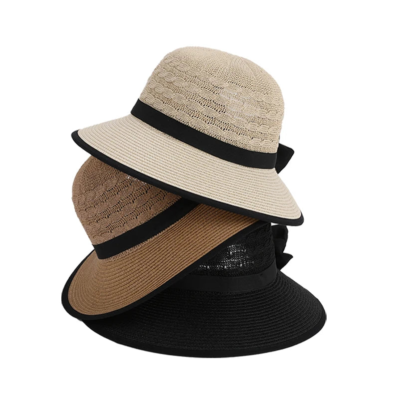 Bow-tied Straw Sun Hat with Ponytail Hole  in 3 Colors