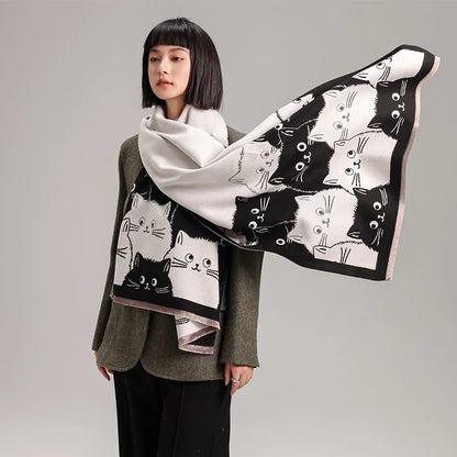 Cute Cat Ladies' Jacquard Pashmina Cashmere Scarf Thick Warm