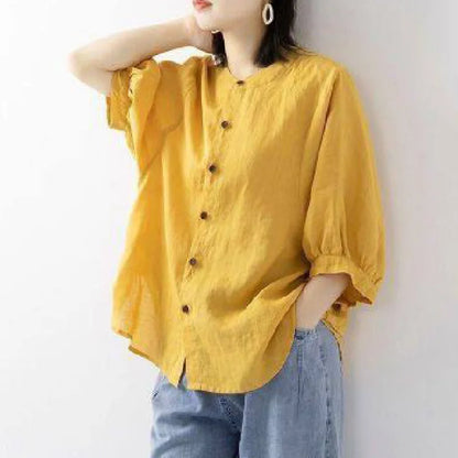 Sizes to 4XL, Cotton-linen blend shirt solid colors with lantern sleeves stand collar loose large size shirt. Variety of colors