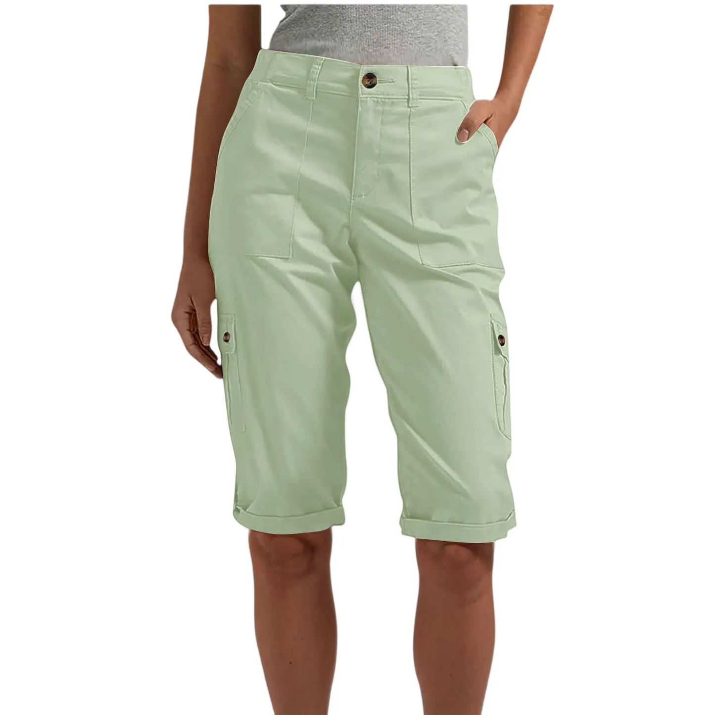 Women's long capri cargo shorts,  Button and Zipper Closure, 6 Colors in Sizes to 2XL