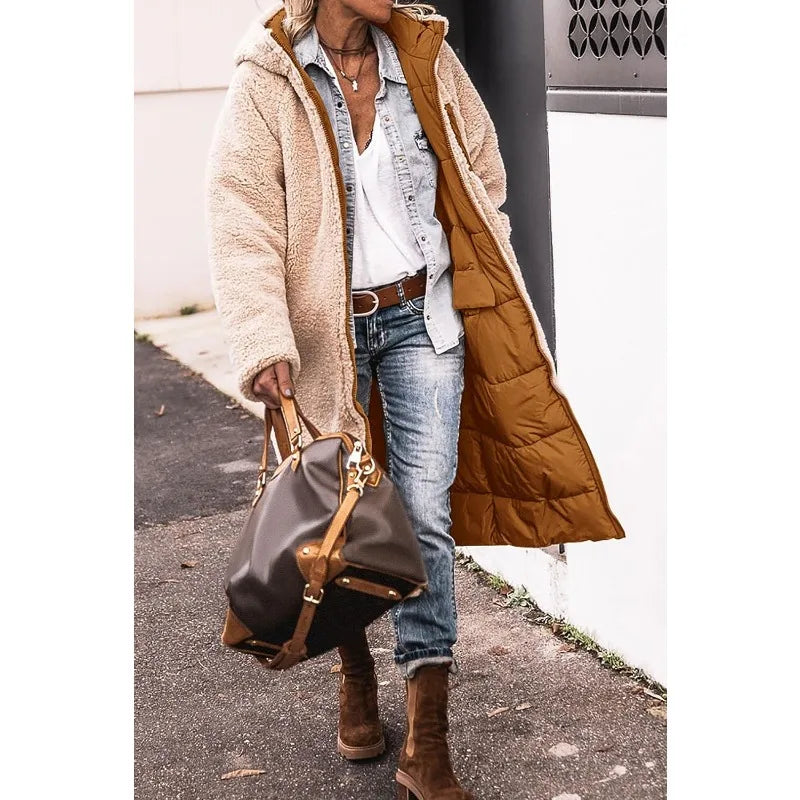 Reversible Sherpa Fleece, Long, Hooded Puffer Coats. Check colors: Brown, Green, Black, Burgundy, Light Gray