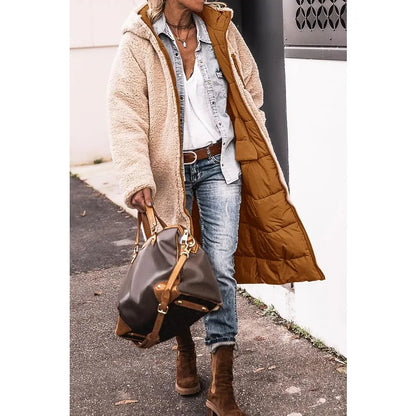 Reversible Sherpa Fleece, Long, Hooded Puffer Coats. Check colors: Brown, Green, Black, Burgundy, Light Gray
