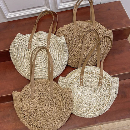 Round Straw Shoulder Bag Large Capacity Hollowed Out Weave