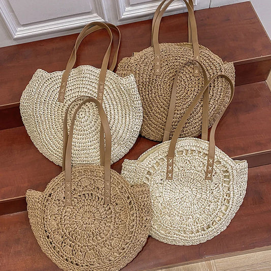 Round Straw Shoulder Bag Large Capacity Hollowed Out Weave