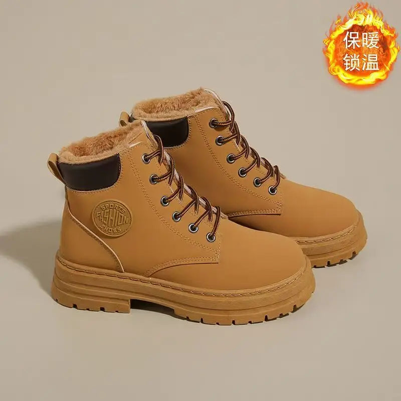 High Top Work Boots, Thick Soled, Lace-Up, Anti-Slip Warm Waterproof Women's Boots in Black and Marigold