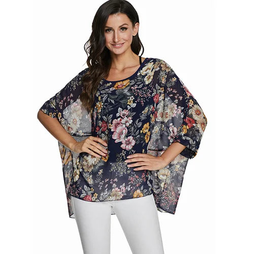 50 patterns to choose from, Plus Size, Boho Batwing Casual Sheer Chiffon Summer Top