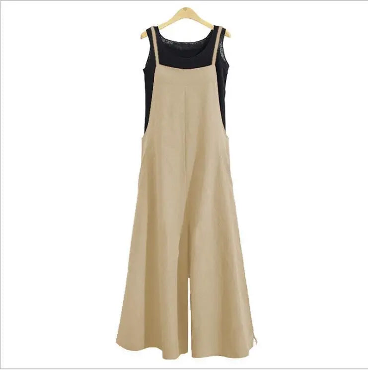 Spaghetti Strapped Jumpsuit to Sizes 5XL. Solid Color, Wide Leg Pants. Bibbed Overalls with Pockets. Casual, Loose, Cotton Linen