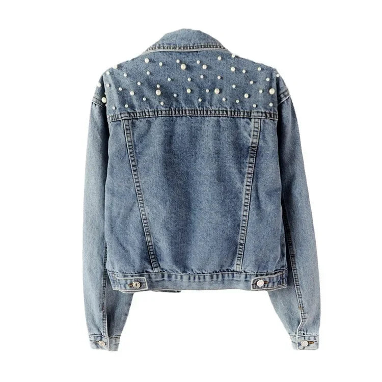 To Sizes 5XL Versatile Pearl Cropped Denim Jacket Loose Fit