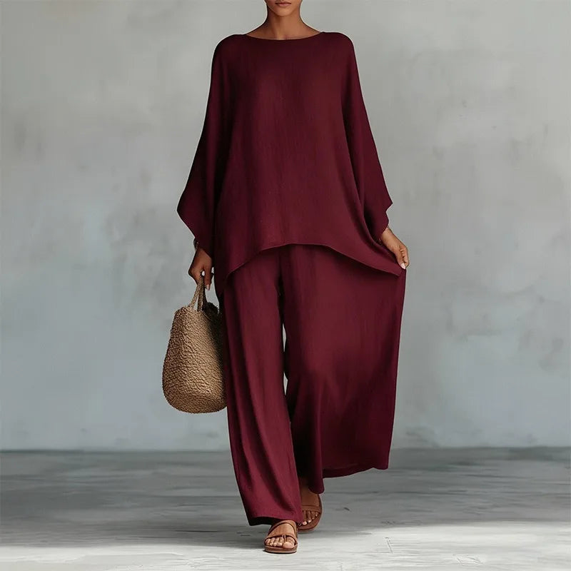Retro Loose Linen, Long-Sleeved, Extra-Wide Legged Pantsuit, Angled Hem on Top Hem and Sleeves. Comes in Wine Red, White, Grey, Black, and Khaki