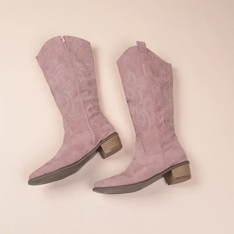 Embroidered Western Cowgirl Knee Boots with Pointed Toes and Thick Heels, High Knee Boots, PU Leather in Light and Medium Brown, Beige, and Pink