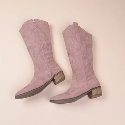 Embroidered Western Cowgirl Knee Boots with Pointed Toes and Thick Heels, High Knee Boots, PU Leather in Light and Medium Brown, Beige, and Pink