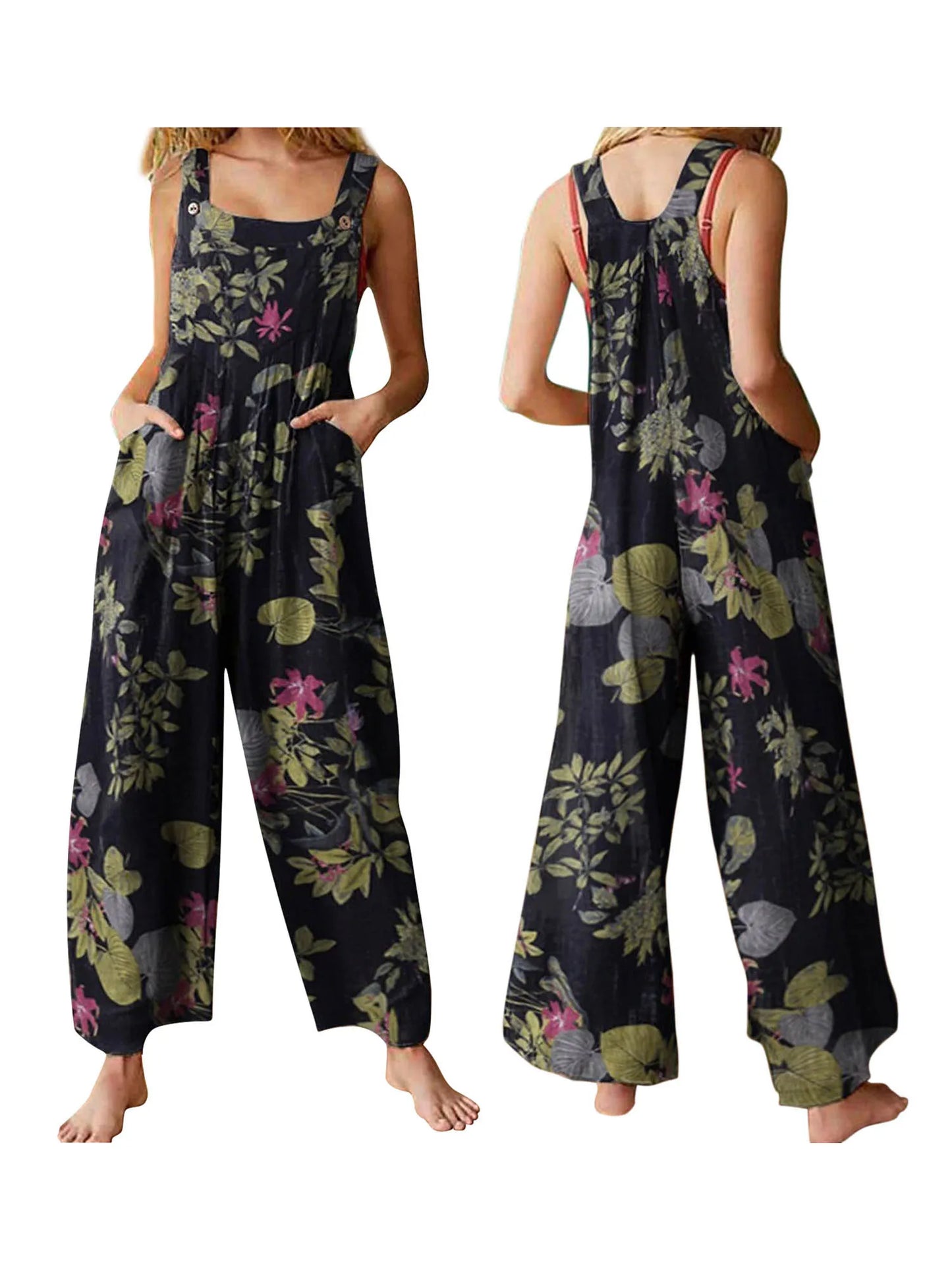 Floral Print, Square Neck, Sleeveless, Casual Overalls with Pockets