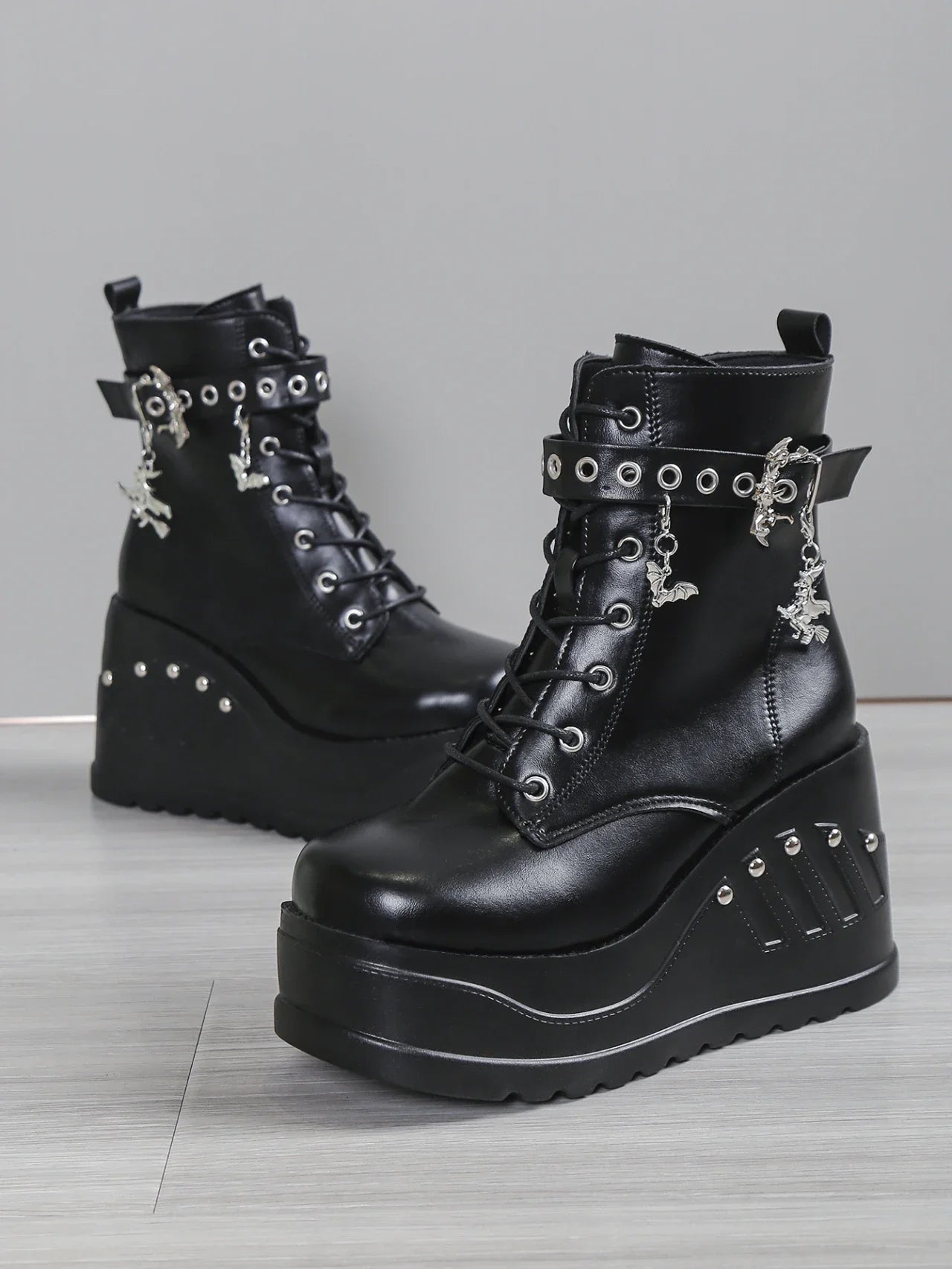 Punk Goth Platform Heels Wedge Heeled Boots, Tie and Strap Closures