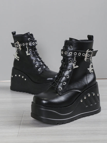 Punk Goth Platform Heels Wedge Heeled Boots, Tie and Strap Closures