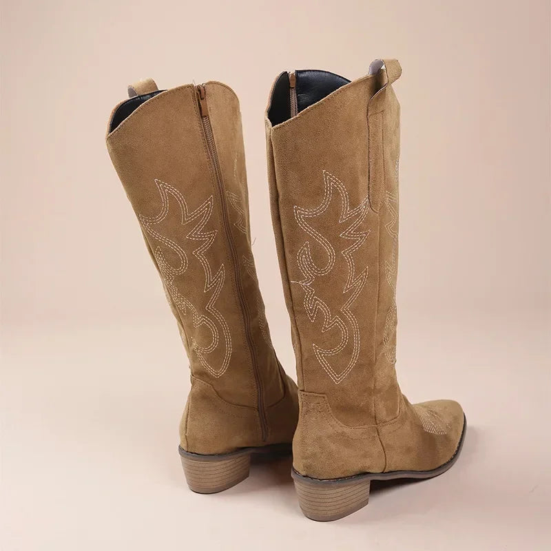 Embroidered Western Cowgirl Knee Boots with Pointed Toes and Thick Heels, High Knee Boots, PU Leather in Light and Medium Brown, Beige, and Pink