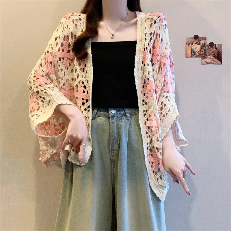 Bohemian Style Hollowed-out Long Sleeve Light Weight Sweater with V Neck and Batwing Sleeves