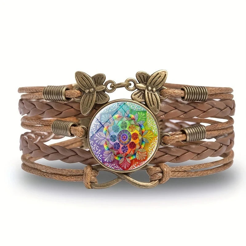 Vintage Mandala Flower Glass Dome Wrap Bracelet Multilayer Woven Leather Bracelets