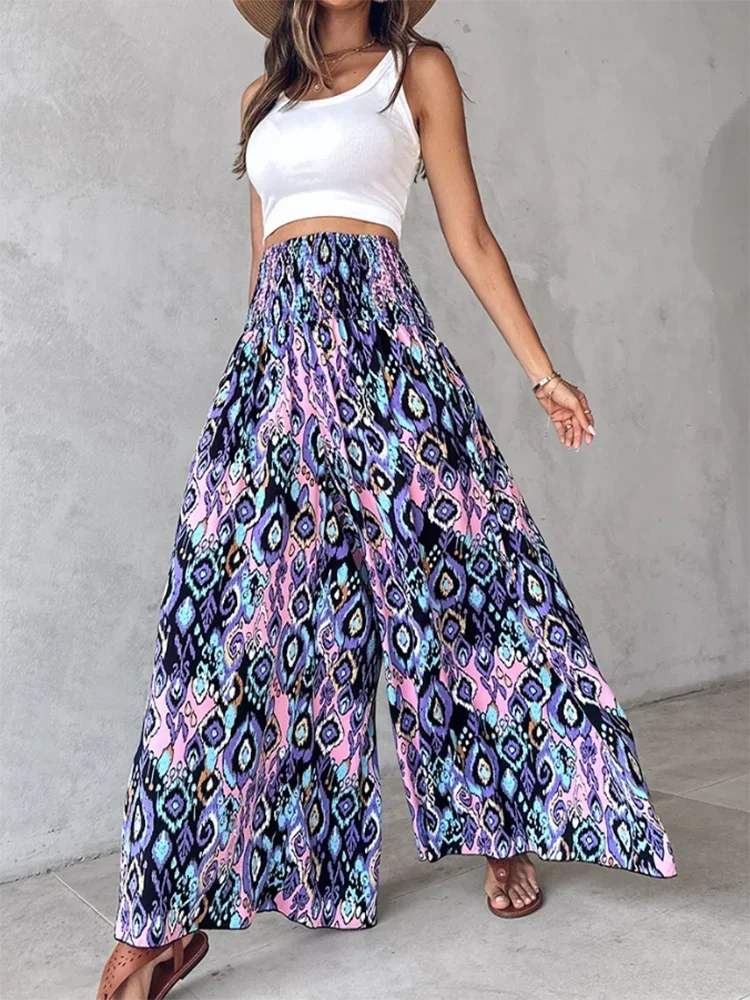 Women's,Cool Countryside Style Printed Wide Leg Pants Wide Elastic Band Waist
