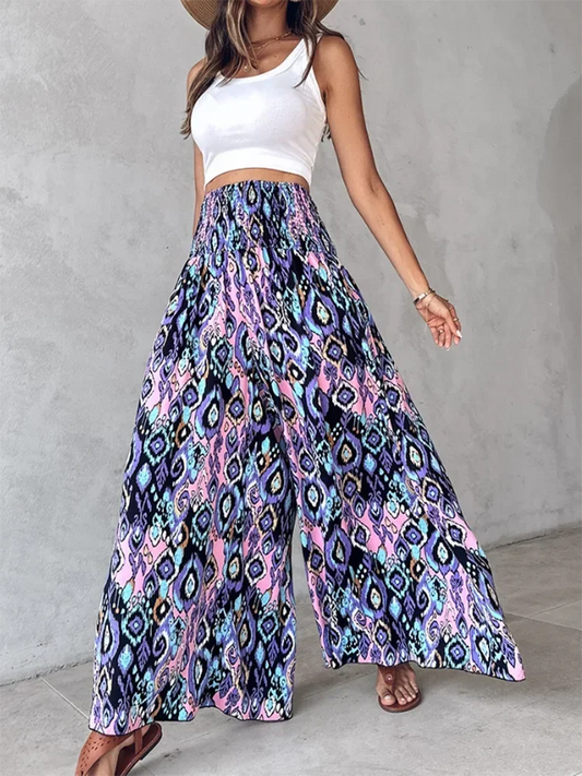Women's,Cool Countryside Style Printed Wide Leg Pants Wide Elastic Band Waist
