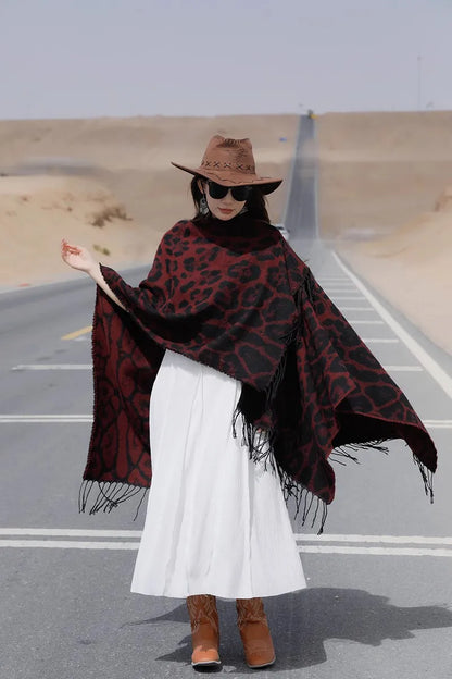 Vintage Boho Leopard Print Soft Over-the-Head Cloaks With Tassels