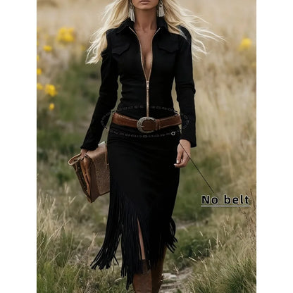 Boho Fringe Dress, Denim Look Suede, Long Sleeve, Zipper Front, Western Style