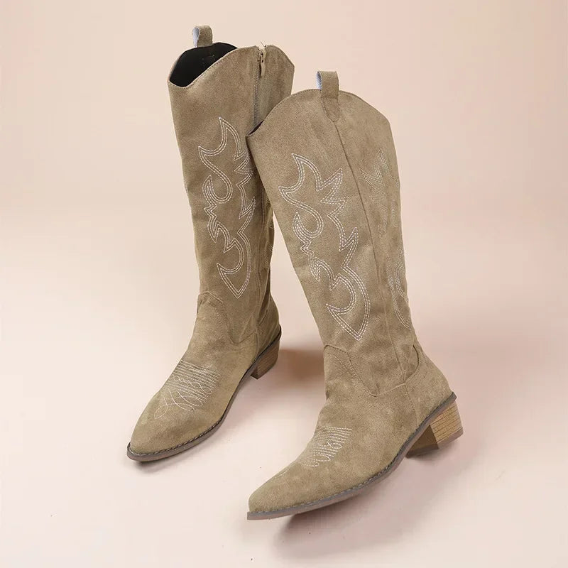 Embroidered Western Cowgirl Knee Boots with Pointed Toes and Thick Heels, High Knee Boots, PU Leather in Light and Medium Brown, Beige, and Pink