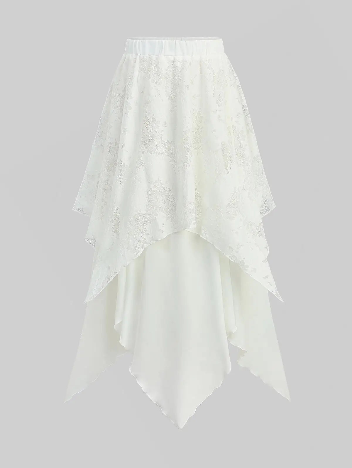 Sizes to 5XL Gothic Asymmetrical Skirt with Layered Lace Overlay, Handky Hem, Flowy Maxi Skirt Black, Deep Red, and White