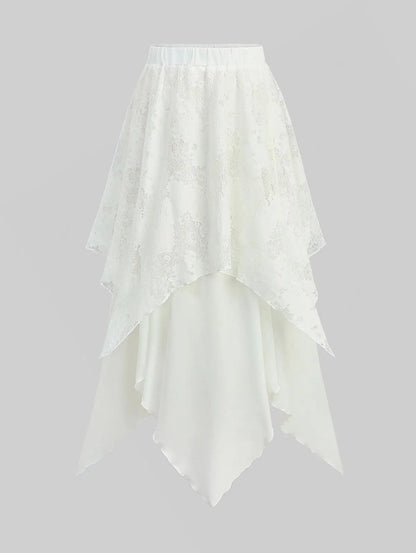 Sizes to 5XL Gothic Asymmetrical Skirt with Layered Lace Overlay, Handky Hem, Flowy Maxi Skirt Black, Deep Red, and White