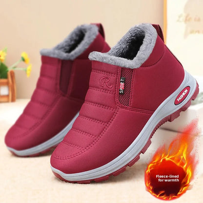 Waterproof Plush, Warm Ankle Snow Boots in Red, Black, Blue, Green, and Tan.