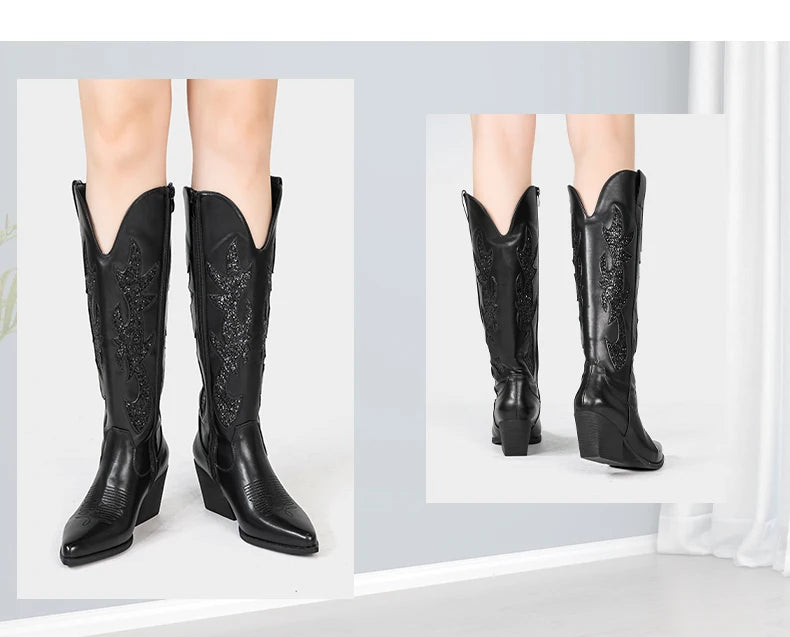 Embroidered Western Cowgirl Boots, Pointed Toe, Thick Heel,  Knee High Boots