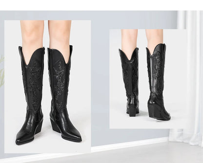 Embroidered Western Cowgirl Boots, Pointed Toe, Thick Heel,  Knee High Boots