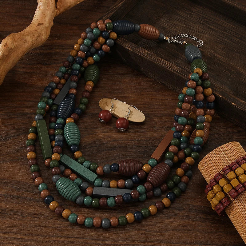 Multi-layered Boho Beaded Necklace Handmade Wooden Beads Necklace Earrings Bracelet Jewelry Set