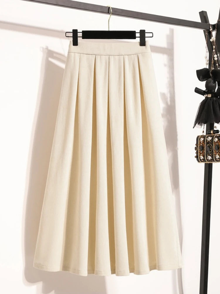 Sizes to 4XL, Pleated Solid Color Maxi Skirt with Elastic Back Waistband