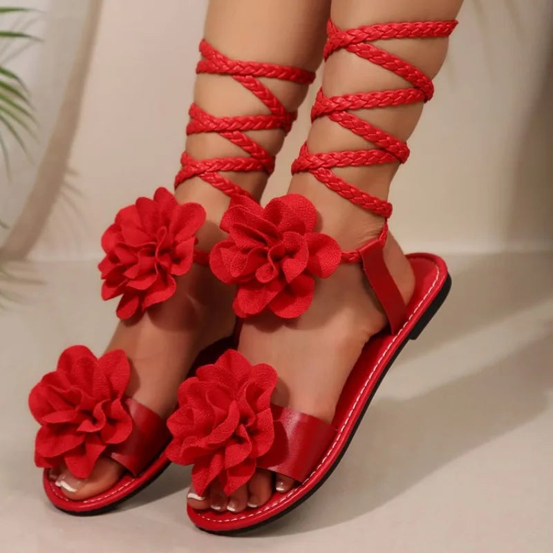 Bohemian Sandals Flat Soled Lace Up Sandals 2 Large Flowers.  Comes in Red, Blue, and Brown