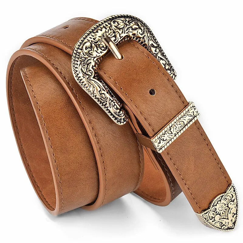 Vintage Carved Needle Buckle Belt PU Leather Belt