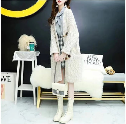 Cable Knitted Mid-Length Cardigan with Pockets and Two Large Black Buttons. Peach, Yellow, Off White, and Green