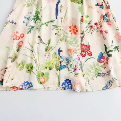 Boho Floral Print Shirt Mini Dress With Belt and Button Down Front, Tie Waist